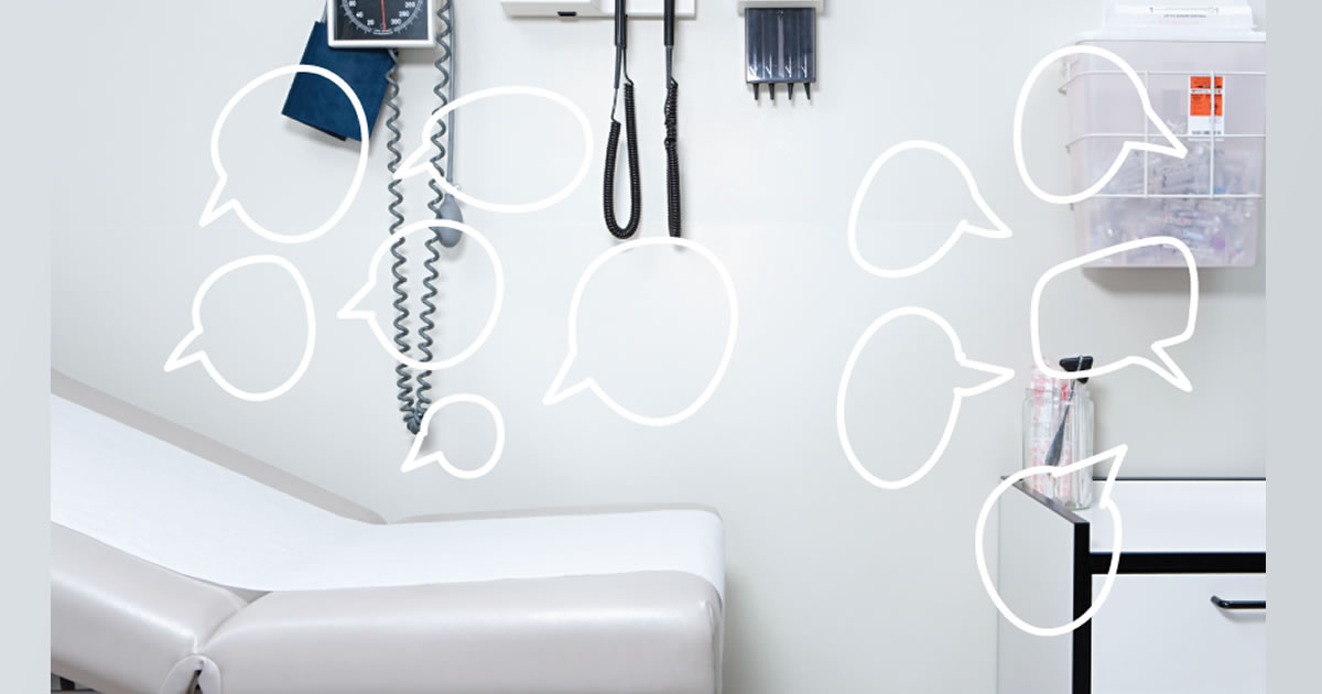 A medical examination room, overlaid with speech bubbles